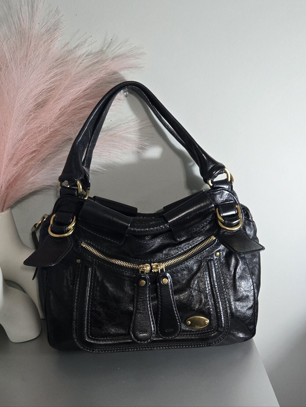Chloé Vintage 2000s Black Leather Bay Bag Satchel Handbag Gold